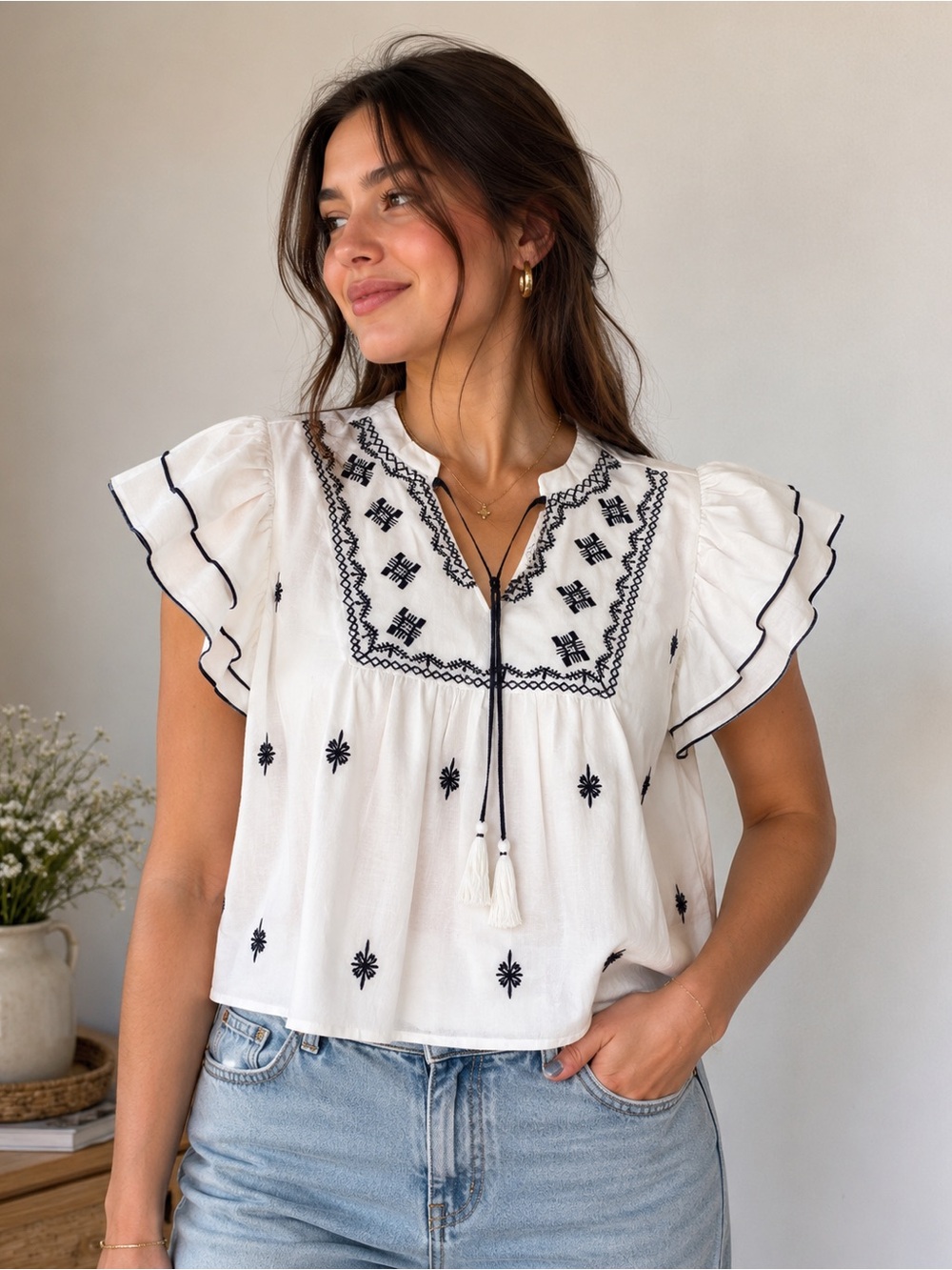 Anthropologie Calligraphie Women’s 100 Cotton Top Bohemian flared Sleeves XL NWT